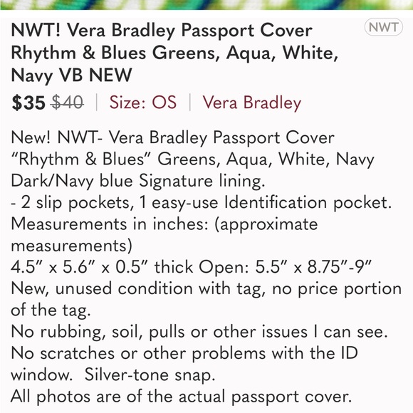NWT Vera Bradley Passport ID Cover Rhythm & Blues Greens Aqua White Navy - Picture 3 of 16